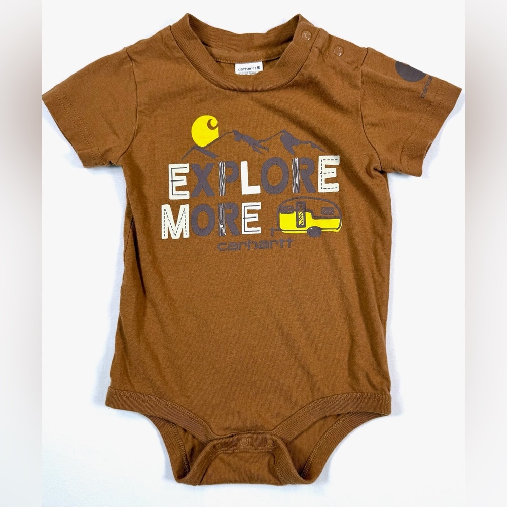 CARHARTT Baby Boys’ Brown Short Sleeve “Explore More” Camping One Piece Size 12M